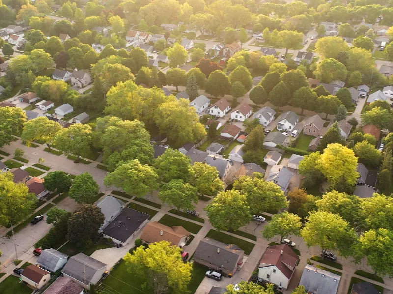 Aerial view of a suburban neighborhood with many trees and houses bathed in sunlight.