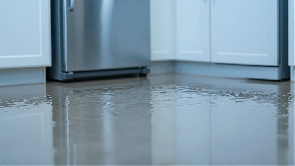 Water flooding a kitchen floor near white cabinets and a stainless steel appliance.