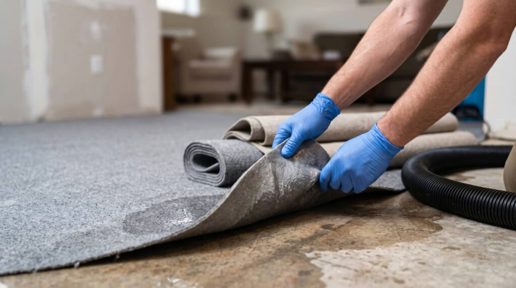 Gloved worker lifting wet carpet during cleanup.