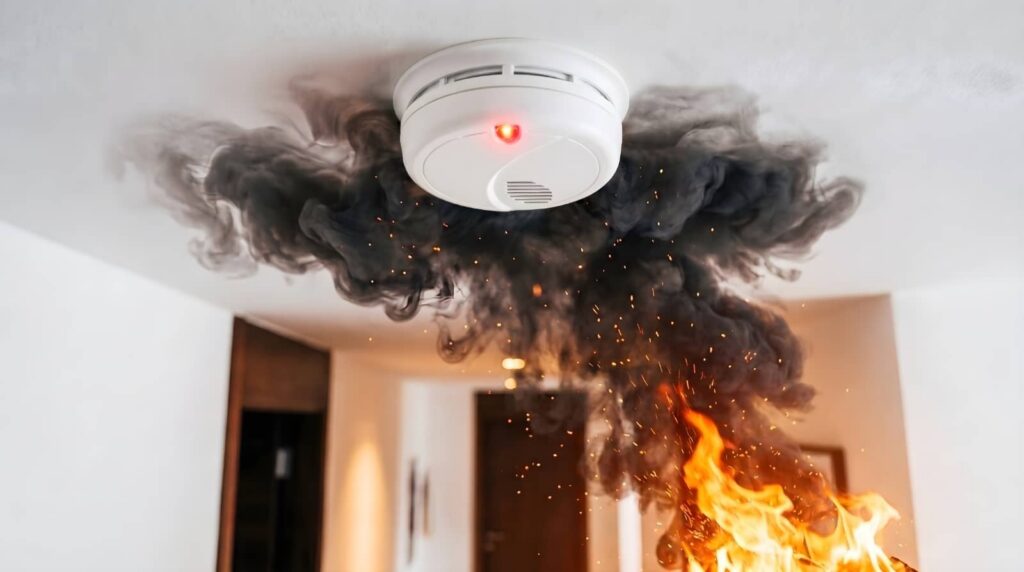 Ceiling smoke alarm above a room fire with thick black smoke.