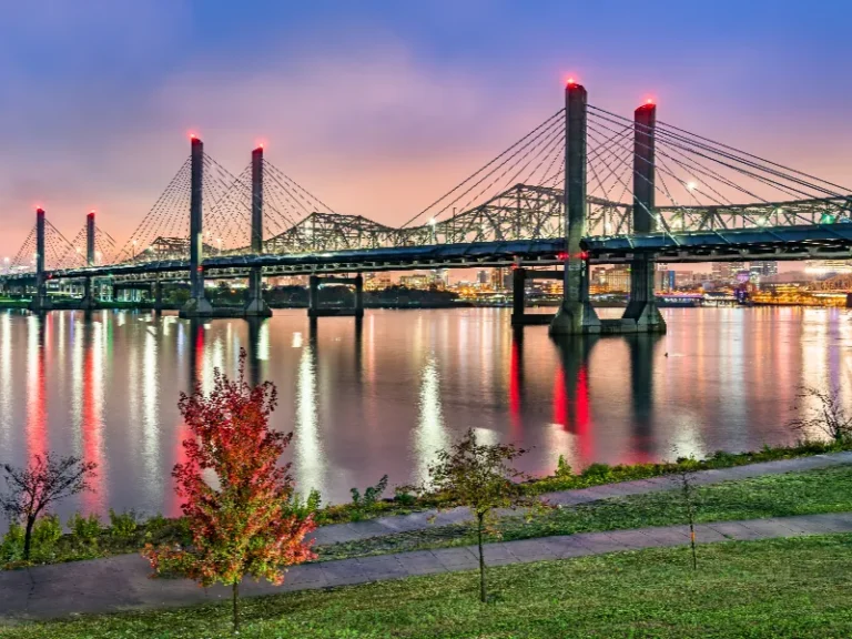 Cable-stayed bridge over calm water at dusk with city lights reflecting on the surface.
