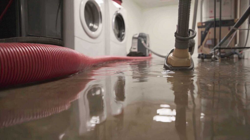 Flooded basement with water extraction equipment and a red hose near laundry machines.