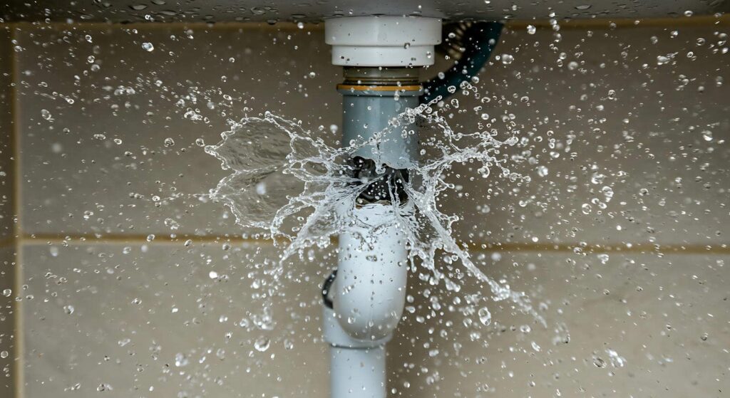 Water spraying from a burst pipe under a sink.
