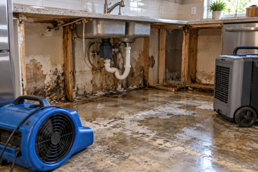 Flood-damaged kitchen under sink with fans and dehumidifier.