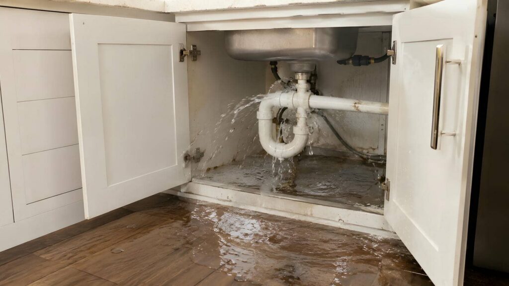 Kitchen sink cabinet flooding from a burst pipe.