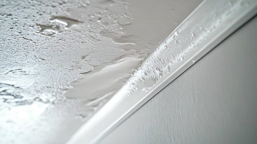 Water damage causing paint to bubble and peel on a ceiling near the wall.