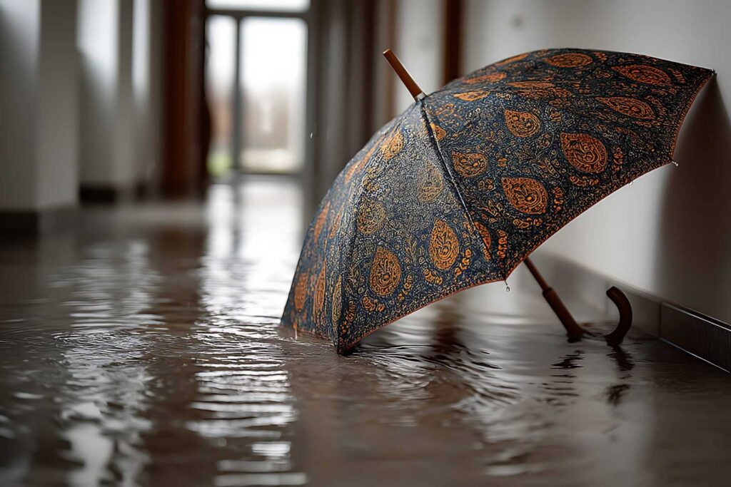 Patterned umbrella resting on a flooded floor inside a building.