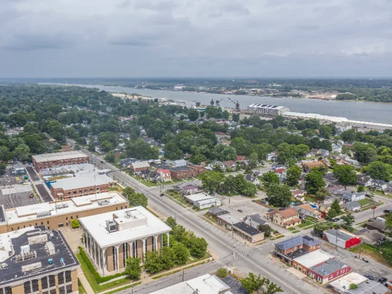 Aerial view of a suburban area with streets, houses, trees, and a river in the background under a cloudy sky.