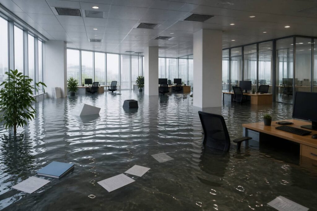 Flooded office with desks, chairs, and papers floating in water.