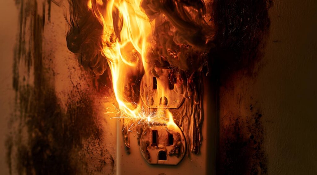 Electrical outlet engulfed in flames.