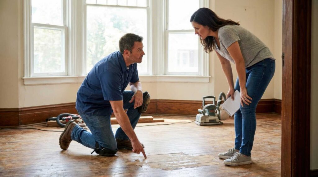 A man kneels pointing at a wooden floor while a woman with a notebook leans forward inspecting it.