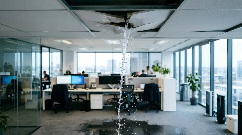 Water pours through a damaged office ceiling into an open-plan workspace.