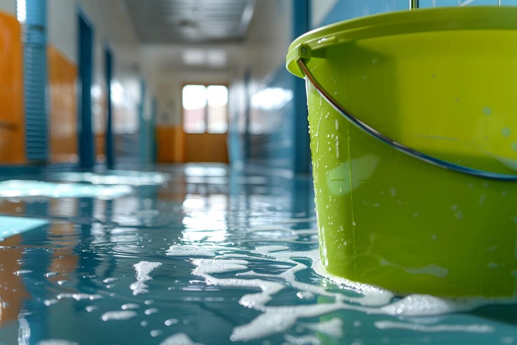 Green bucket collecting water on a flooded floor in a hallway.