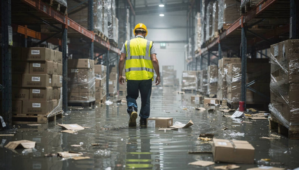 Worker in a flooded warehouse aisle among scattered boxes.