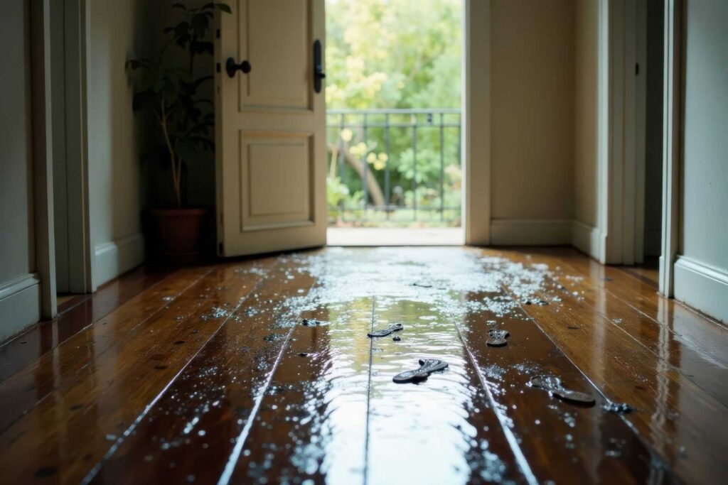 Water spilled on a wooden floor near an open door leading outside.