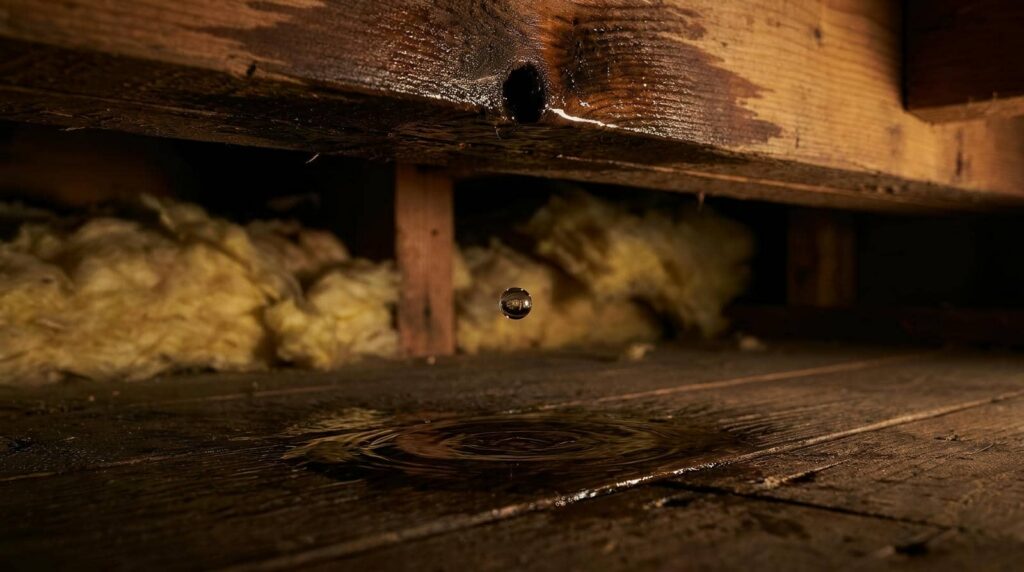 Water dripping from a wooden beam onto a wet floor in an attic.