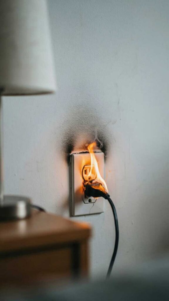 Electrical outlet on fire with a plugged-in cord.