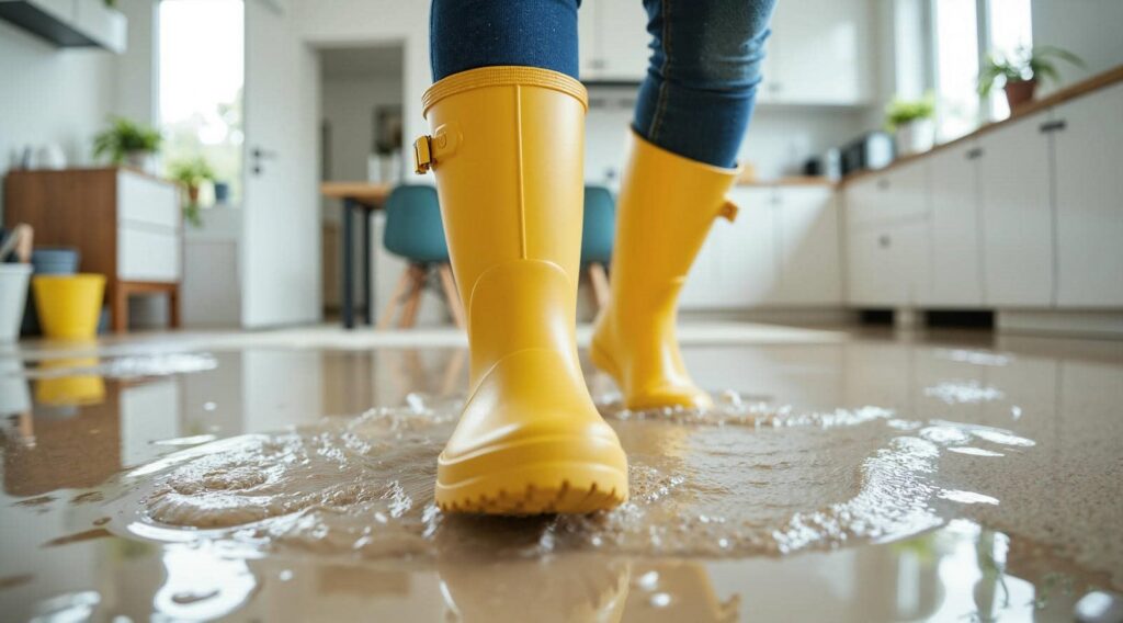 Person wearing yellow rain boots stepping in a puddle of water on a kitchen floor.