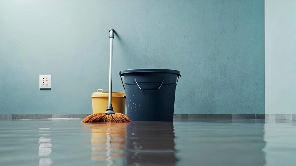 Mop and two buckets standing in a flooded room with water covering the floor.