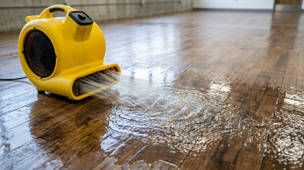 Yellow floor fan drying a wet hardwood floor.