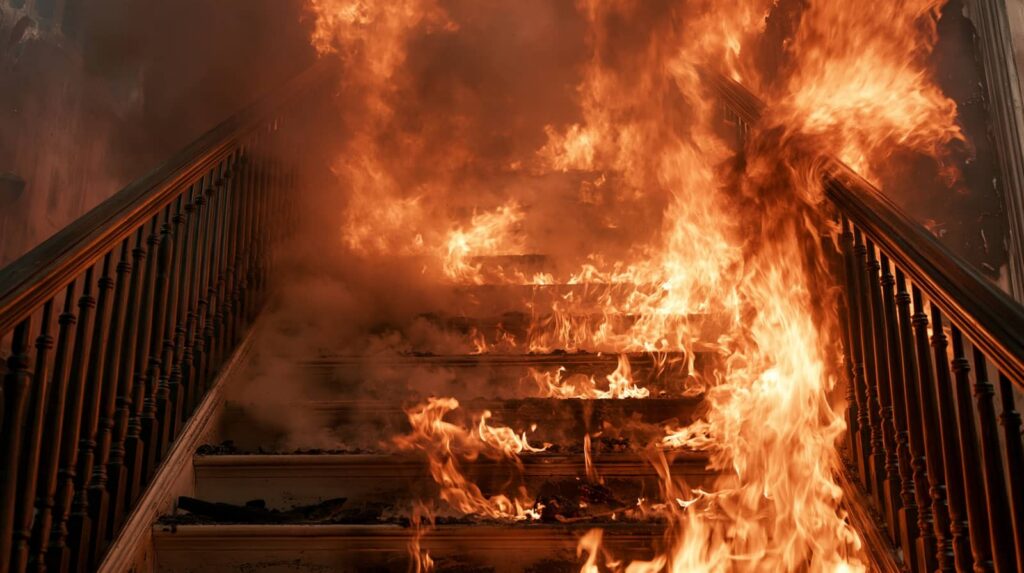 Staircase engulfed in flames inside a house.