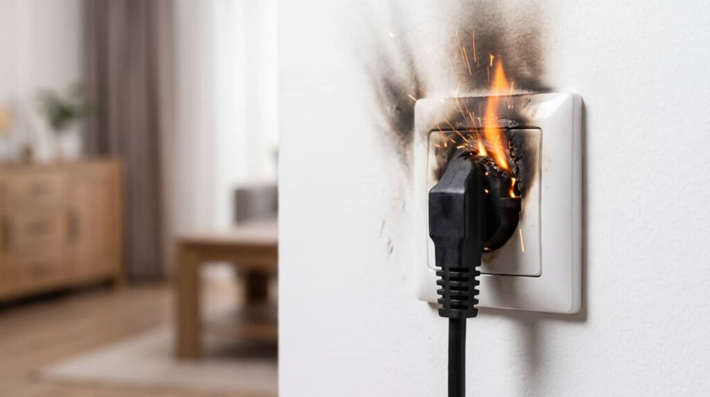 Burning electrical plug in a wall outlet.