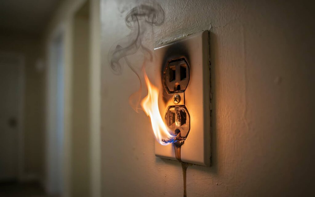 Electrical outlet burning with flames and smoke.