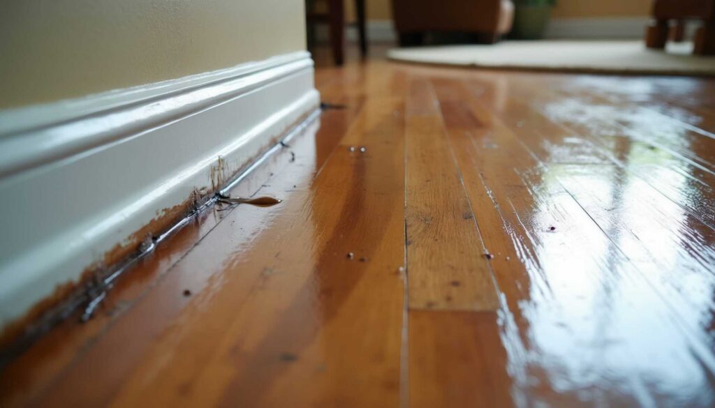 Water leaking and pooling along a wooden floor near a white baseboard.