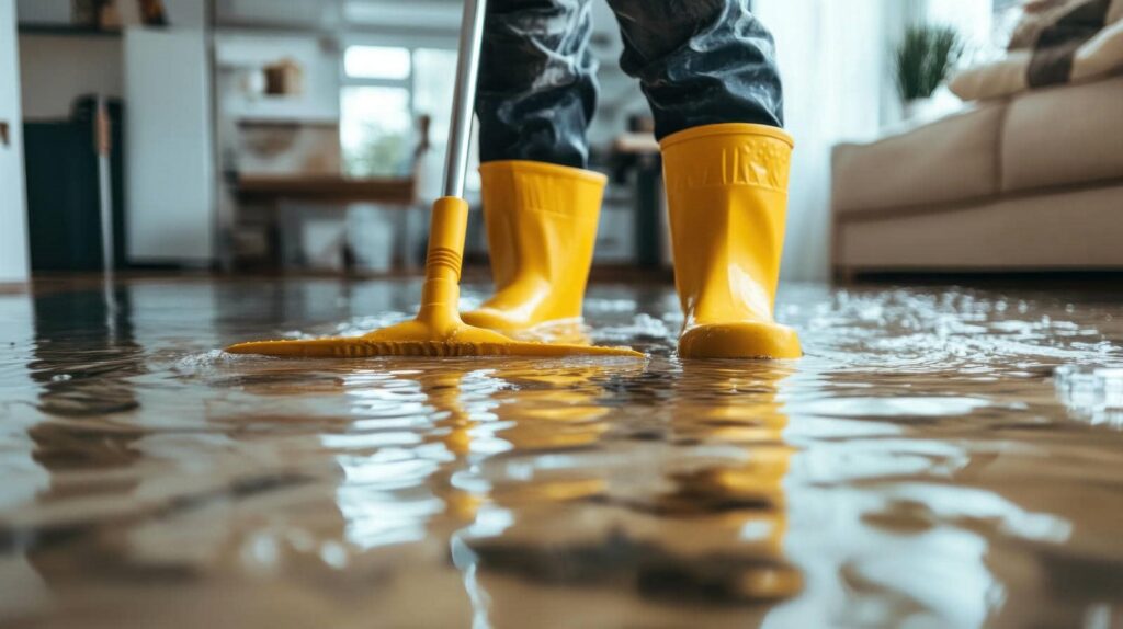 Person in yellow rain boots mopping a flooded living room floor.