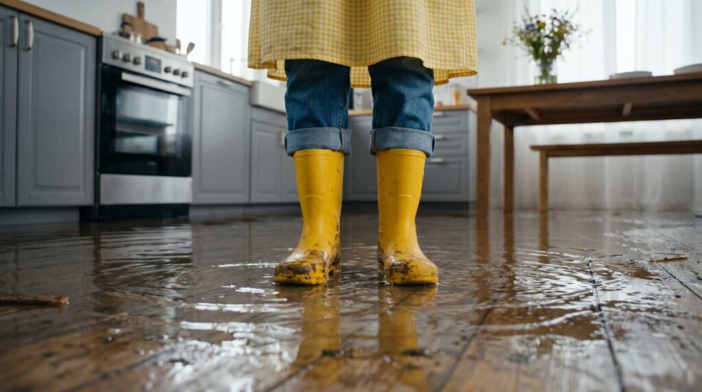 Person wearing yellow rain boots standing on a flooded wooden kitchen floor.