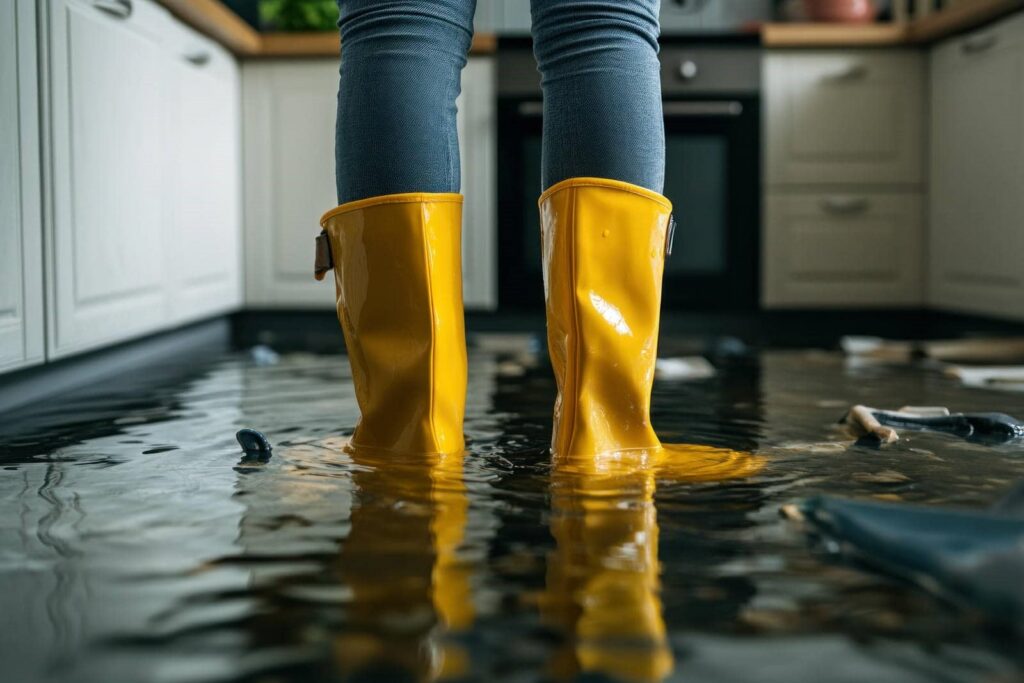 Person wearing yellow rain boots standing in a flooded kitchen with water covering the floor.