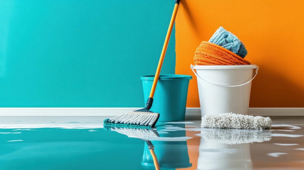Mop, two buckets, and cleaning cloths beside a wet floor with blue and orange walls.