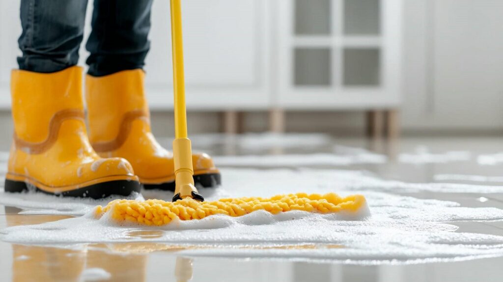 Person wearing yellow boots mopping a soapy floor with a yellow mop.