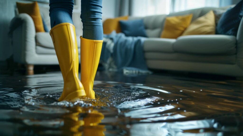 Person wearing yellow rain boots standing in a flooded living room with water ripples around their feet.