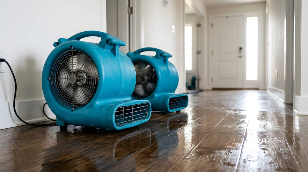 Two blue industrial fans drying a wet hardwood floor in a hallway.
