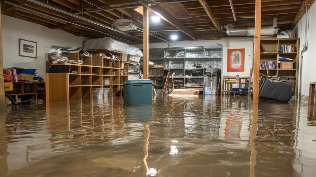 Flooded basement with water covering the floor and storage shelves.