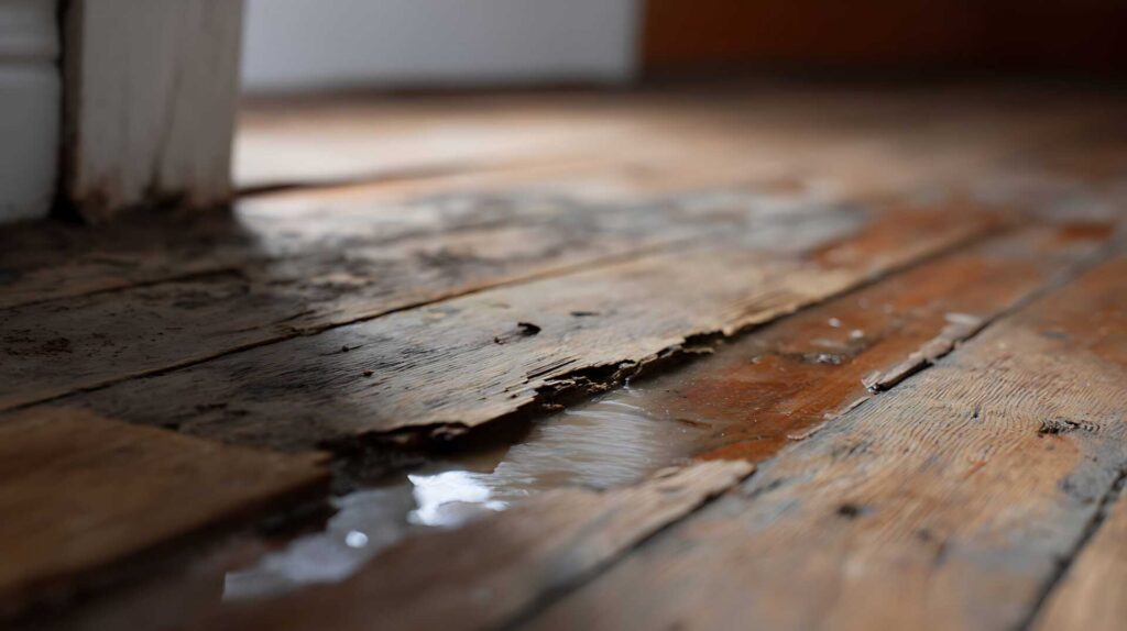 Close-up of damaged wooden floorboards with water pooling underneath near a doorway.