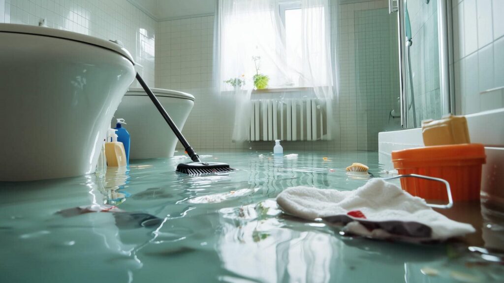 Bathroom flooded with water covering the floor and floating cleaning supplies and towels.