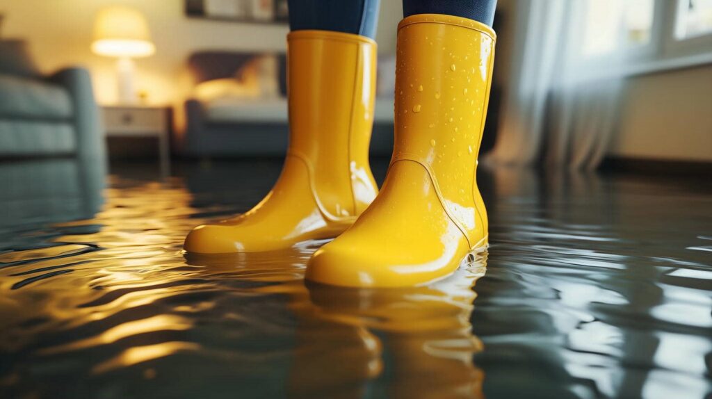 Yellow rain boots standing in water flooding a living room.
