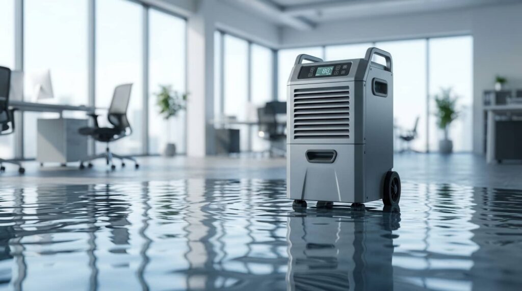 Portable dehumidifier in a flooded office.