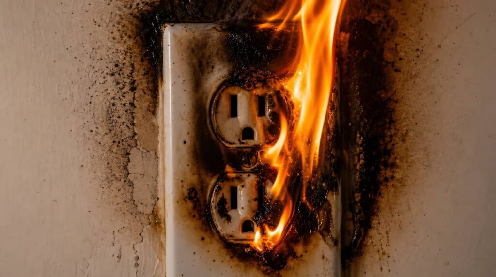Burning electrical outlet on a wall.