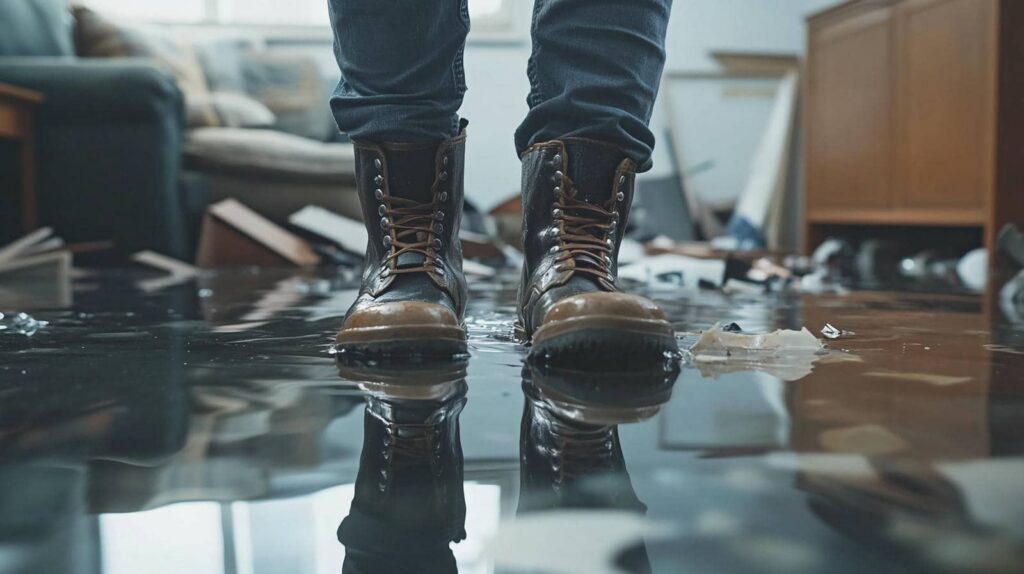 Boots standing in floodwater inside a messy room.