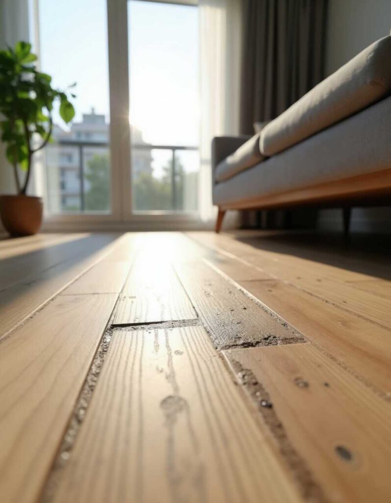 Sunlit wooden floorboards in a living room with a gray sofa and a potted plant near a large window.