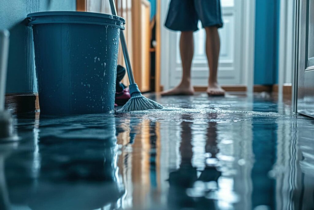 Flooded indoor floor with a mop and bucket, and a person standing barefoot in the background.