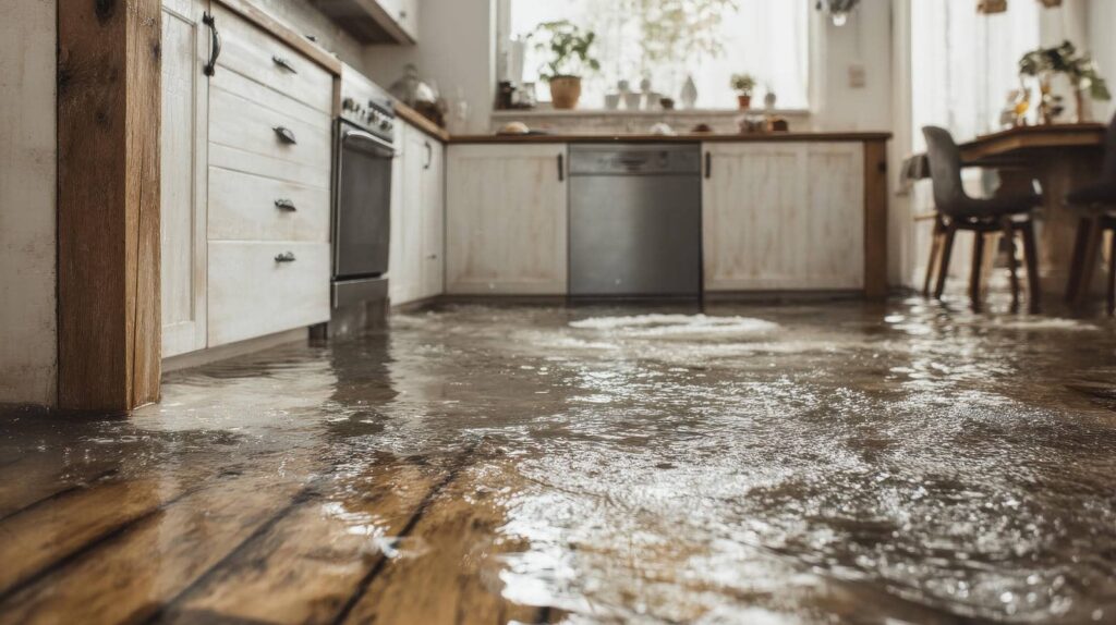 Flooded kitchen with water covering the floor.