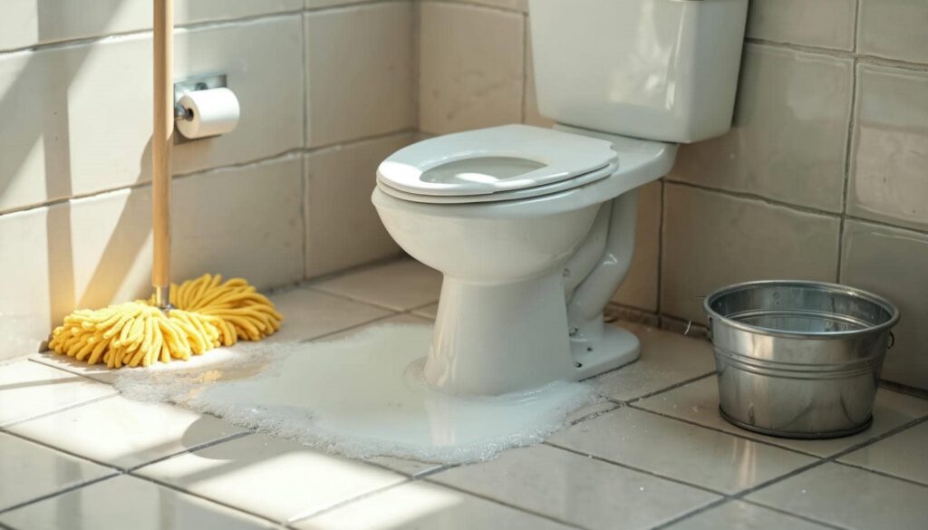 Toilet overflowing with water and foam on bathroom floor next to a mop and metal bucket.