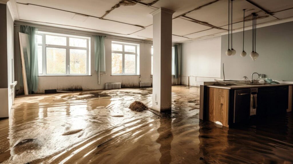 Flooded interior of a modern kitchen and living area with water covering the floor and damage on walls and ceiling.
