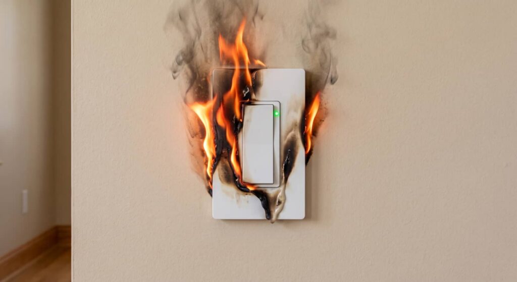 Burning light switch on a wall with smoke and melted plastic.
