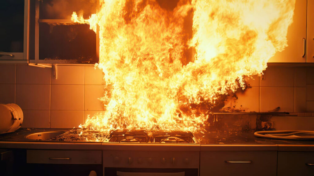 Kitchen stove engulfed in flames.
