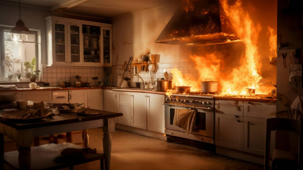 Kitchen stove engulfed in flames.
